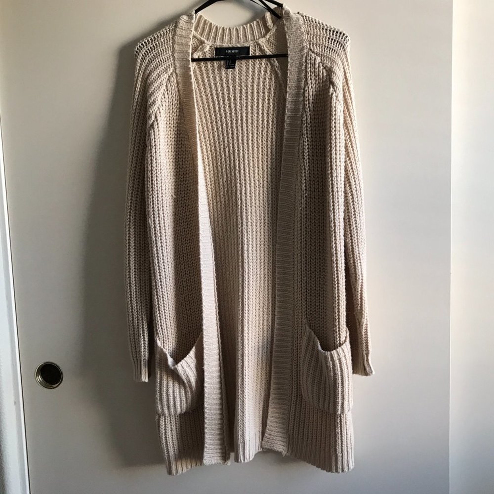 Forever 21 Cream Knit Long Open Front Cardigan